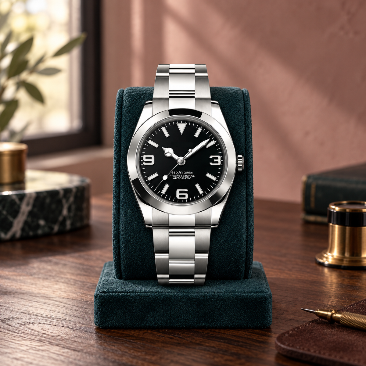 Crownline Automatic Black three-link bracelet upright on a teal suede watch stand