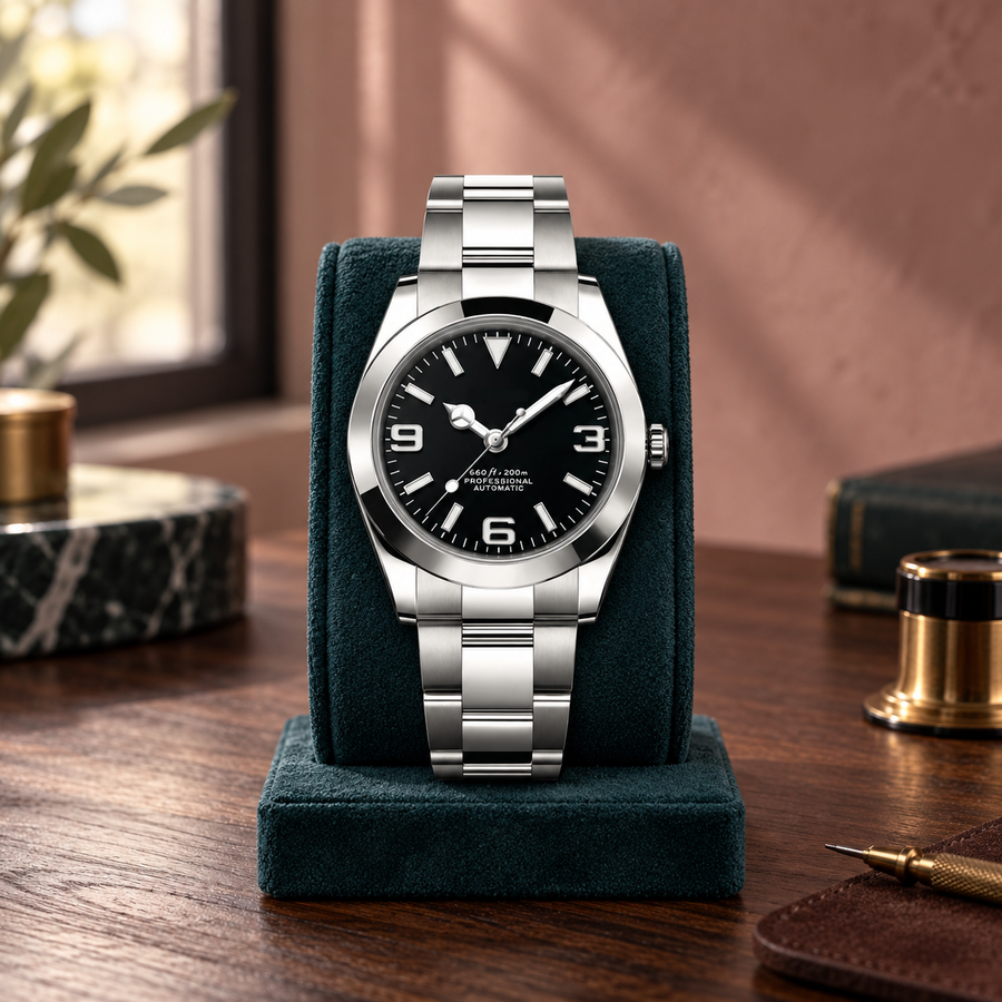 Crownline Automatic Black three-link bracelet upright on a teal suede watch stand