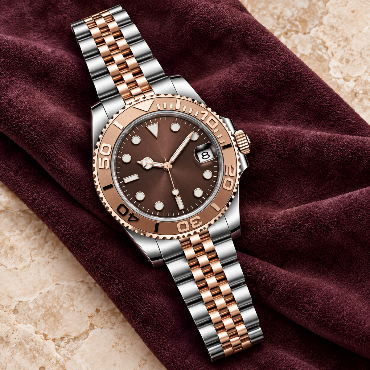 Yachtline Rose Gold with two-tone Jubilee bracelet on plum suede and pale stone