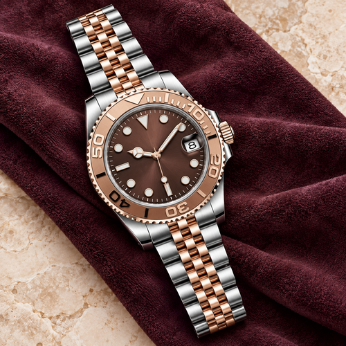 Yachtline Rose Gold with two-tone Jubilee bracelet on plum suede and pale stone