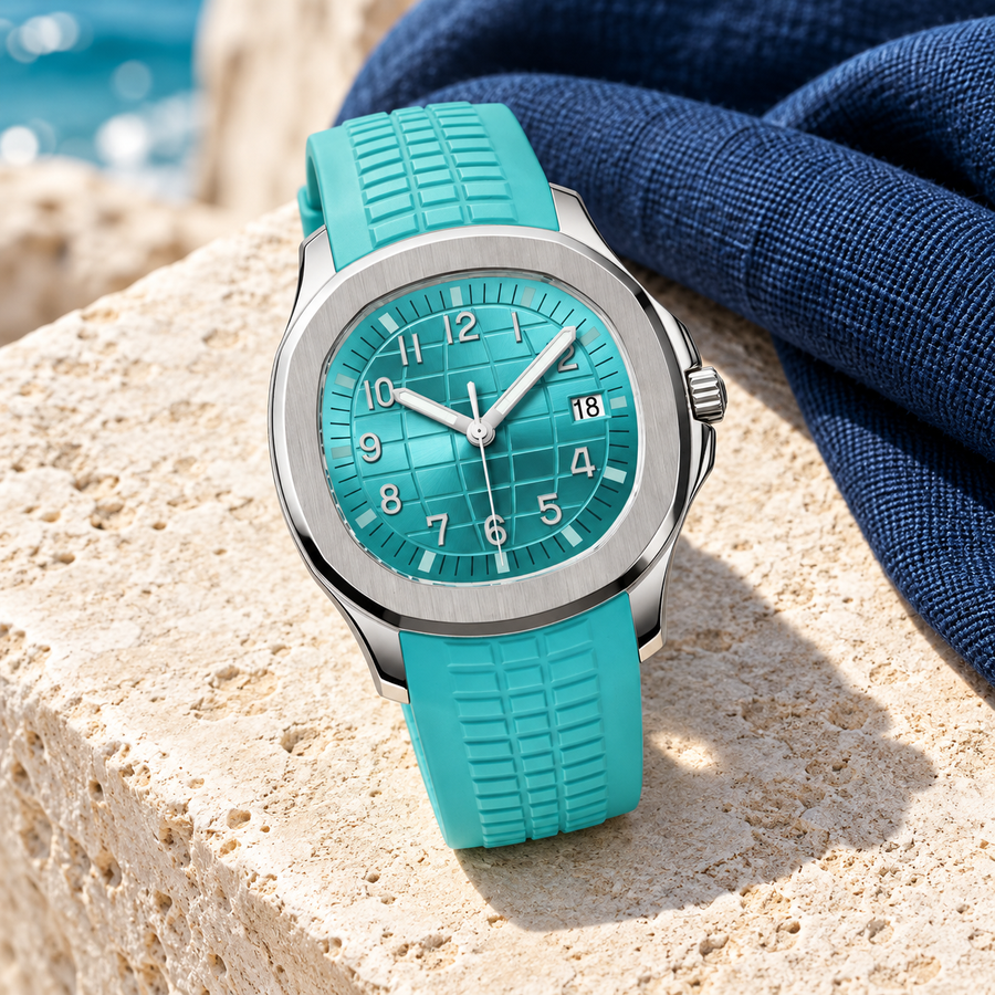 Nautiko Bright Blue turquoise rubber-strap watch on pale limestone with navy linen