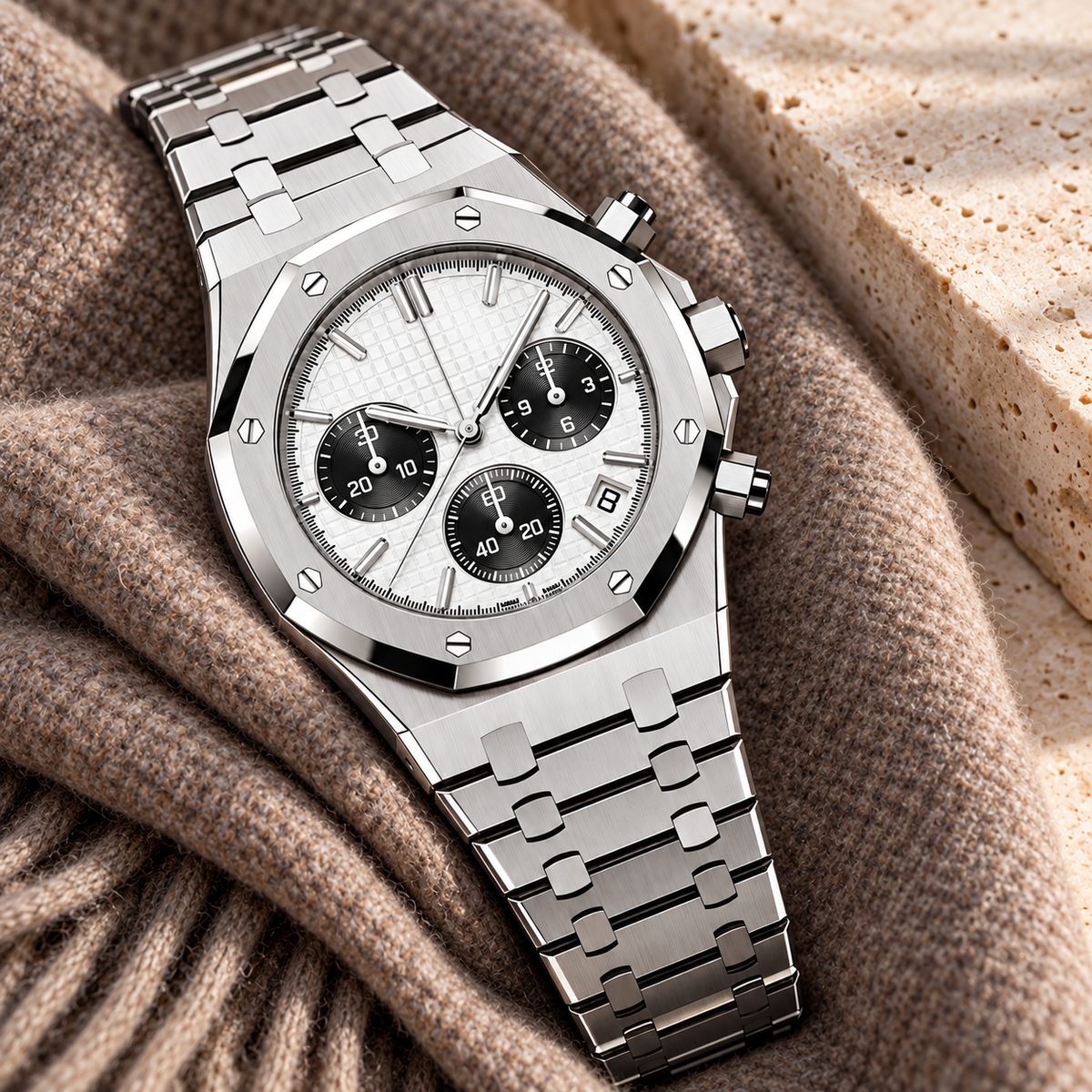 Royal Sportline Monochrome white panda chronograph resting on taupe wool beside travertine