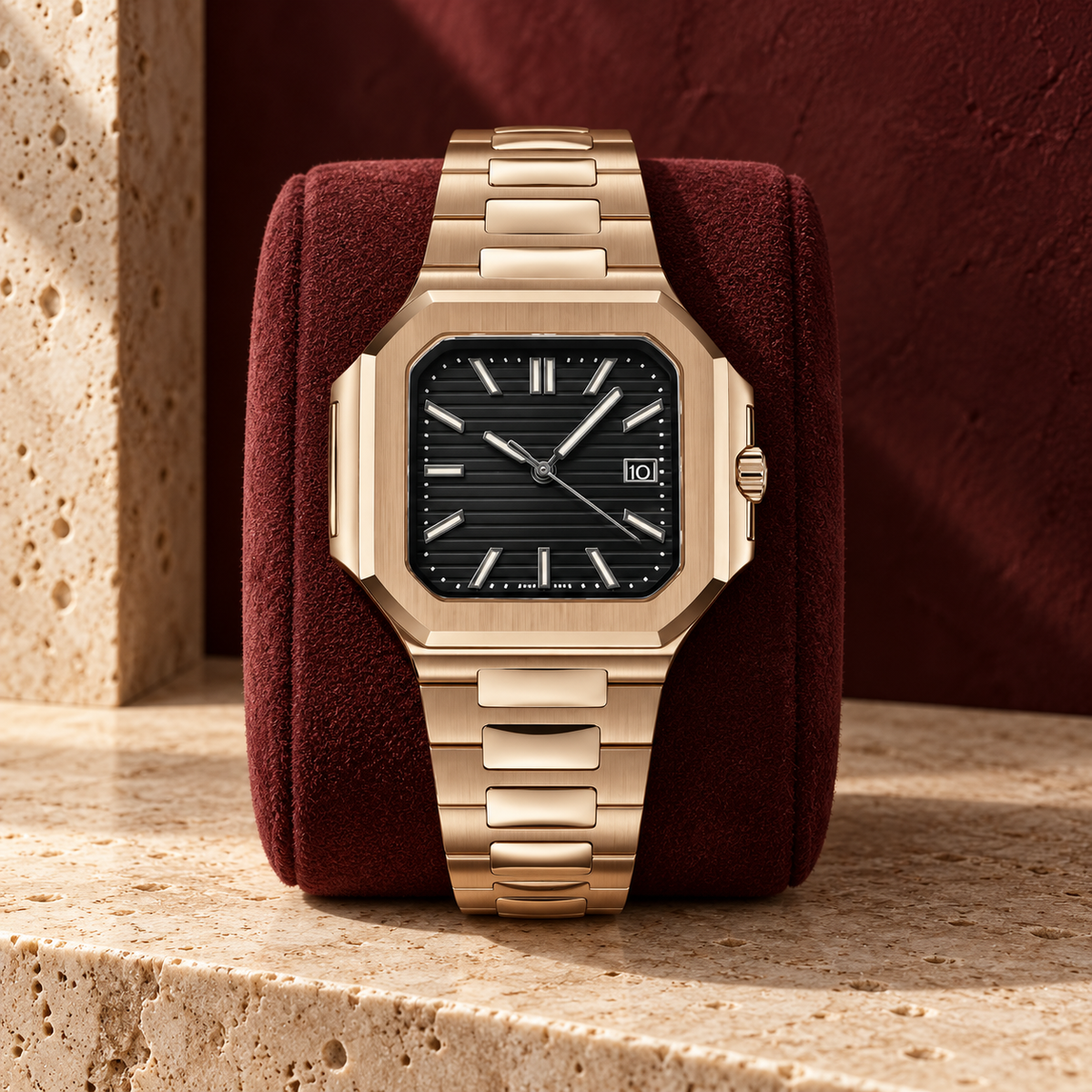 Geometric Signature rose-gold watch on burgundy suede cushion