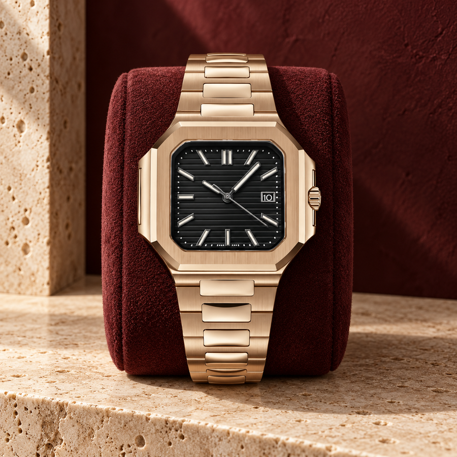 Geometric Signature rose-gold watch on burgundy suede cushion