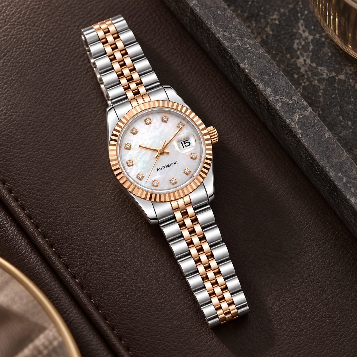 Lady Crownline Two-Tone Rose Gold Mother of Pearl Crystal laid on espresso leather