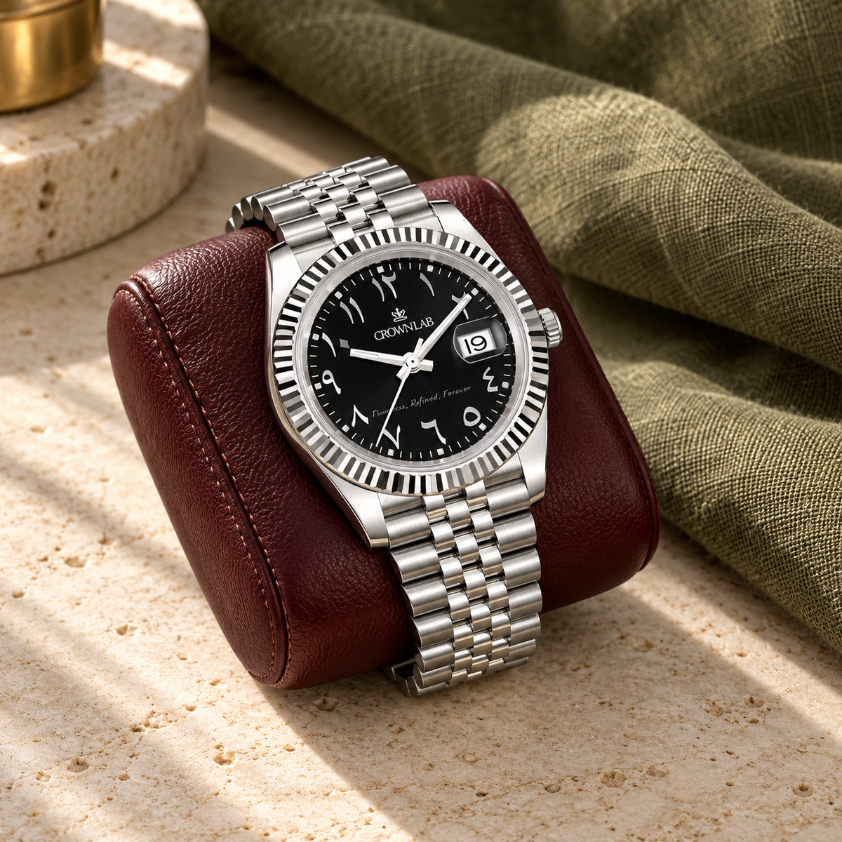 Arabic Heritage Onyx Black & Steel on oxblood leather over limestone