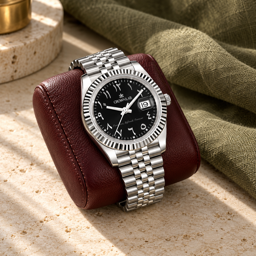 Arabic Heritage Onyx Black & Steel on oxblood leather over limestone