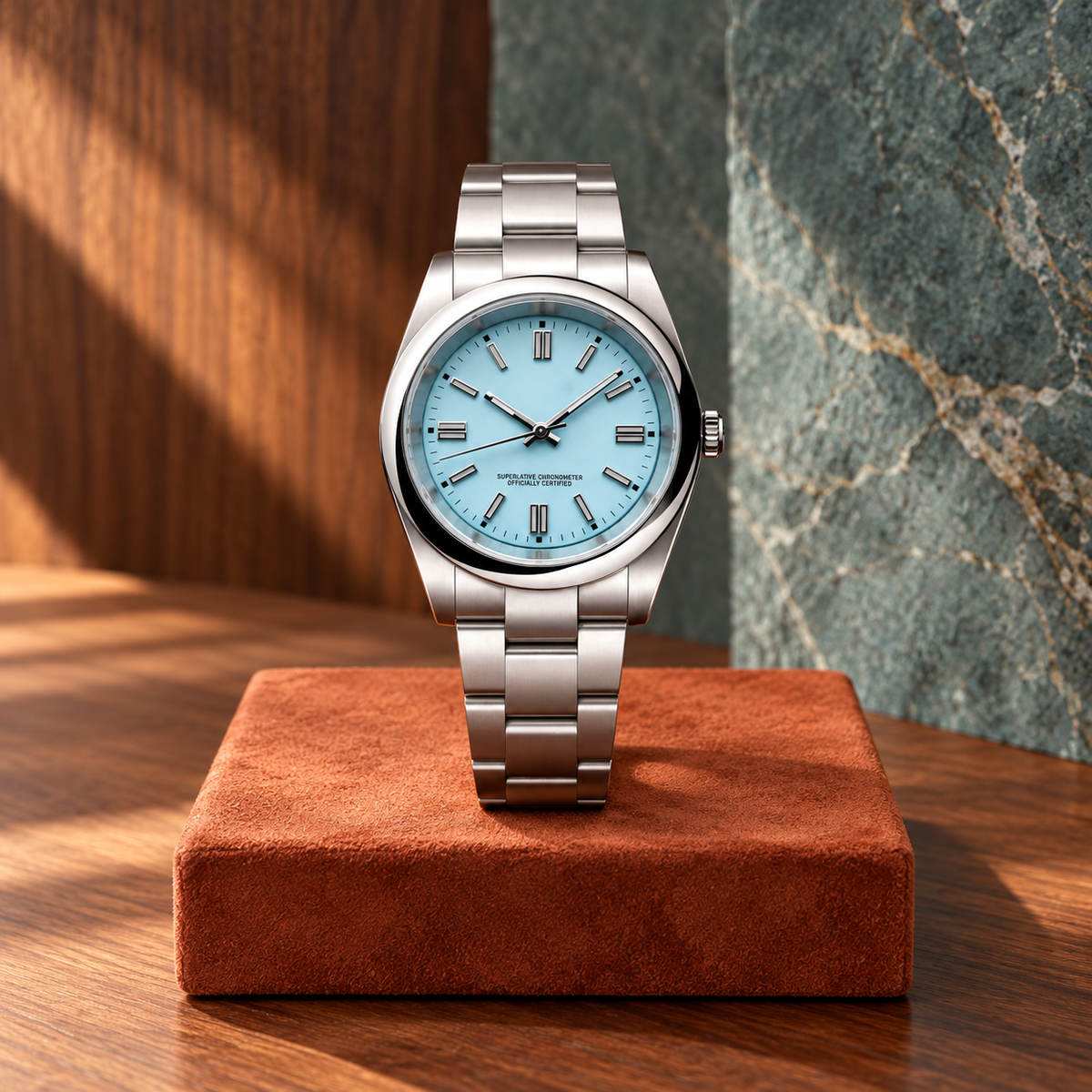 Crownline Automatic Aqua Blue three-link watch on terracotta display stand