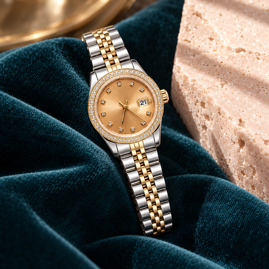 Two-Tone Champagne Crystal watch on petrol-teal velvet and blush travertine