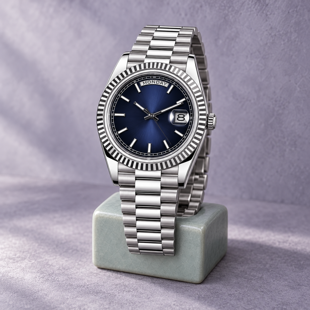 Dayline Classic Blue watch supported on pale celadon ceramic