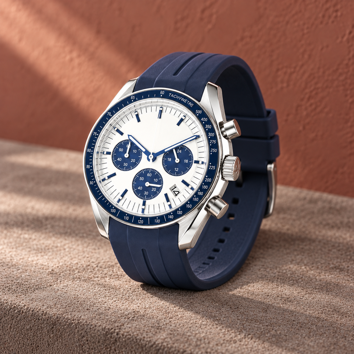 Moon White chronograph crown-side on terracotta suede cushion