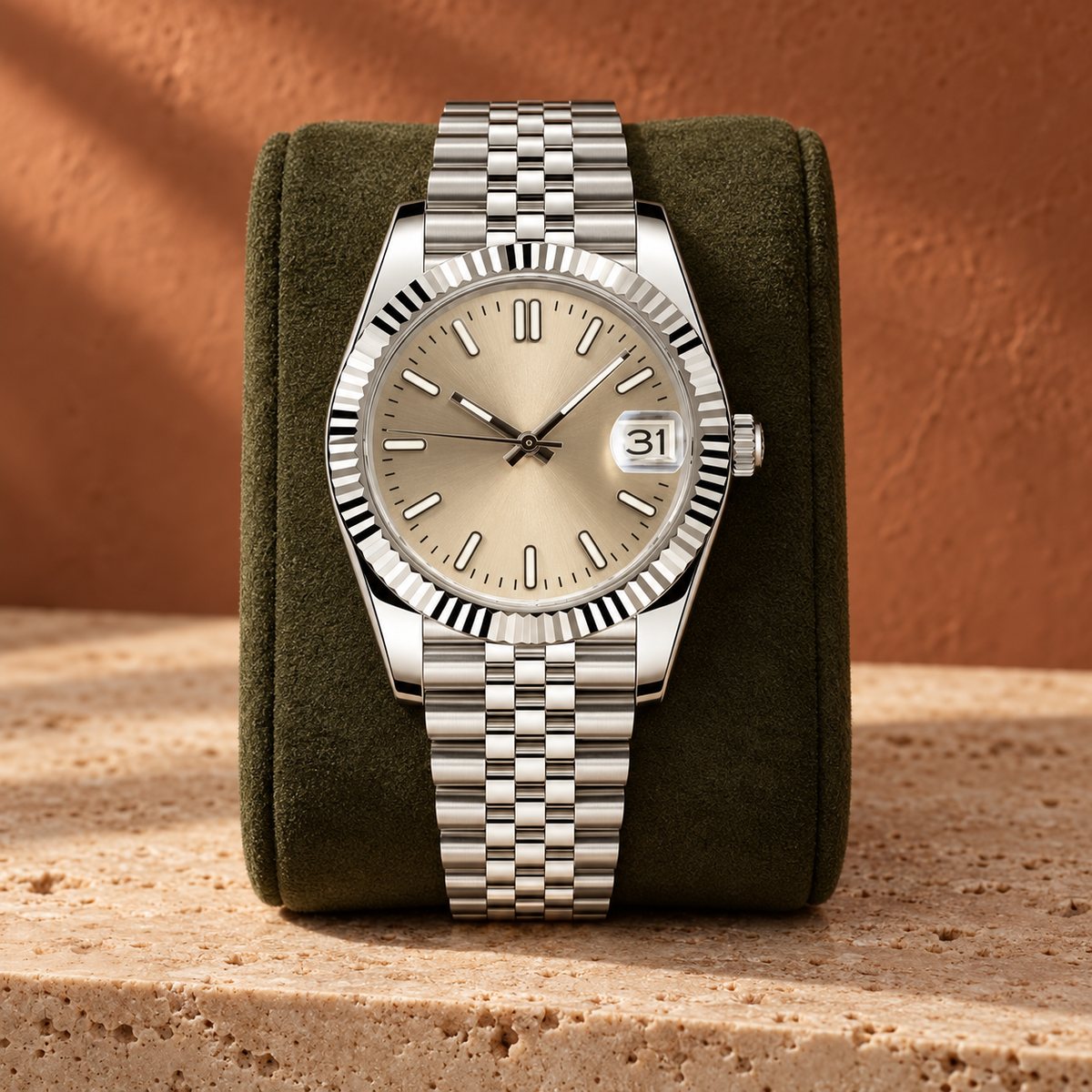 Crownline Champagne Date watch on olive suede stand