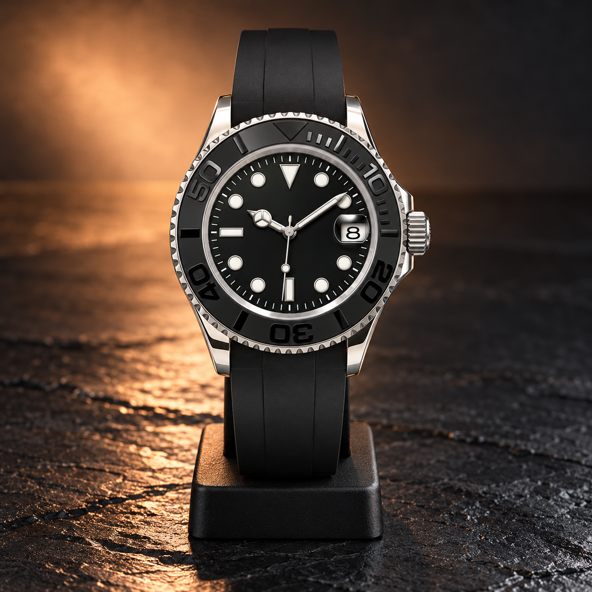 Yachtline Sport black diver watch on charcoal stand and copper-lit slate