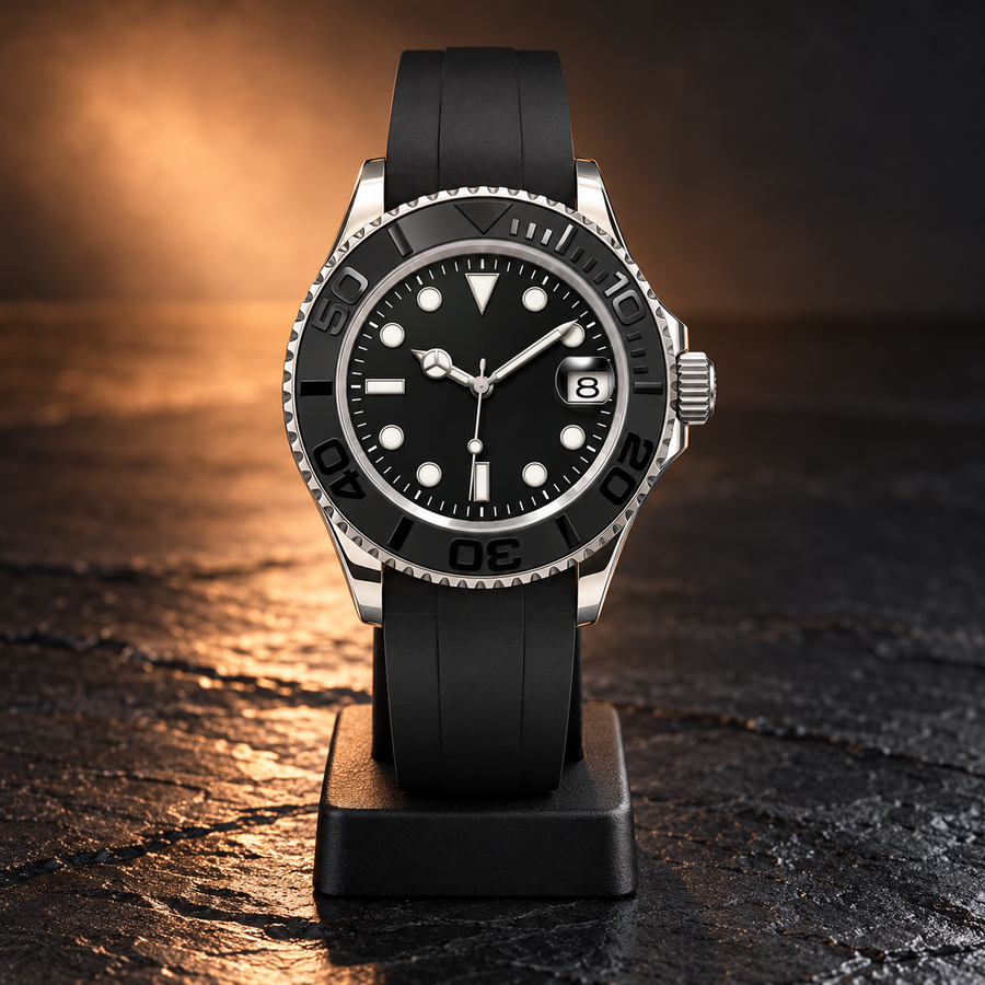 Yachtline Sport black diver watch on charcoal stand and copper-lit slate