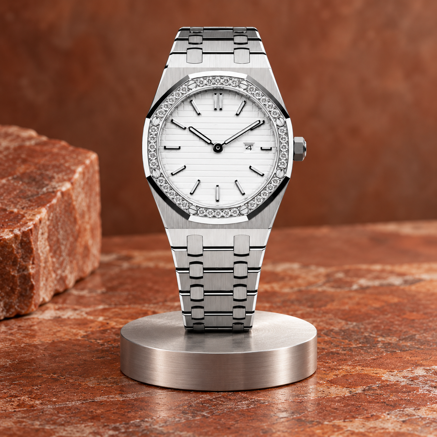 Royal Lady White Silver Iced watch with octagonal crystal-set bezel, horizontal white dial and integrated steel bracelet on terracotta stone