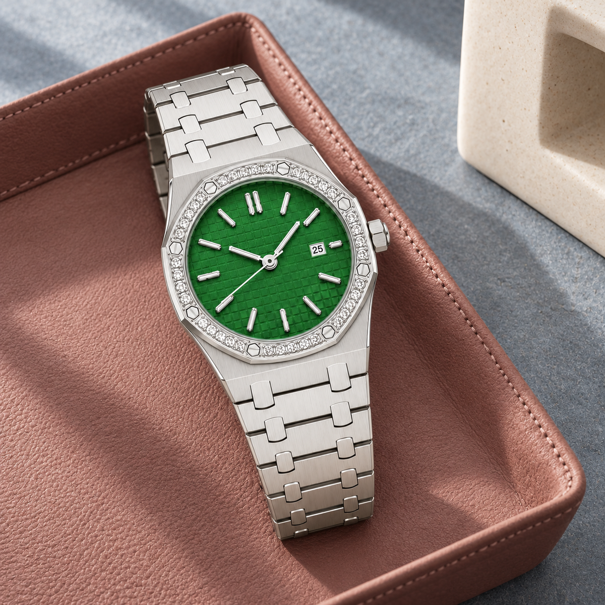 Royal Lady Emerald Iced on dusty-rose leather with emerald square-grid dial