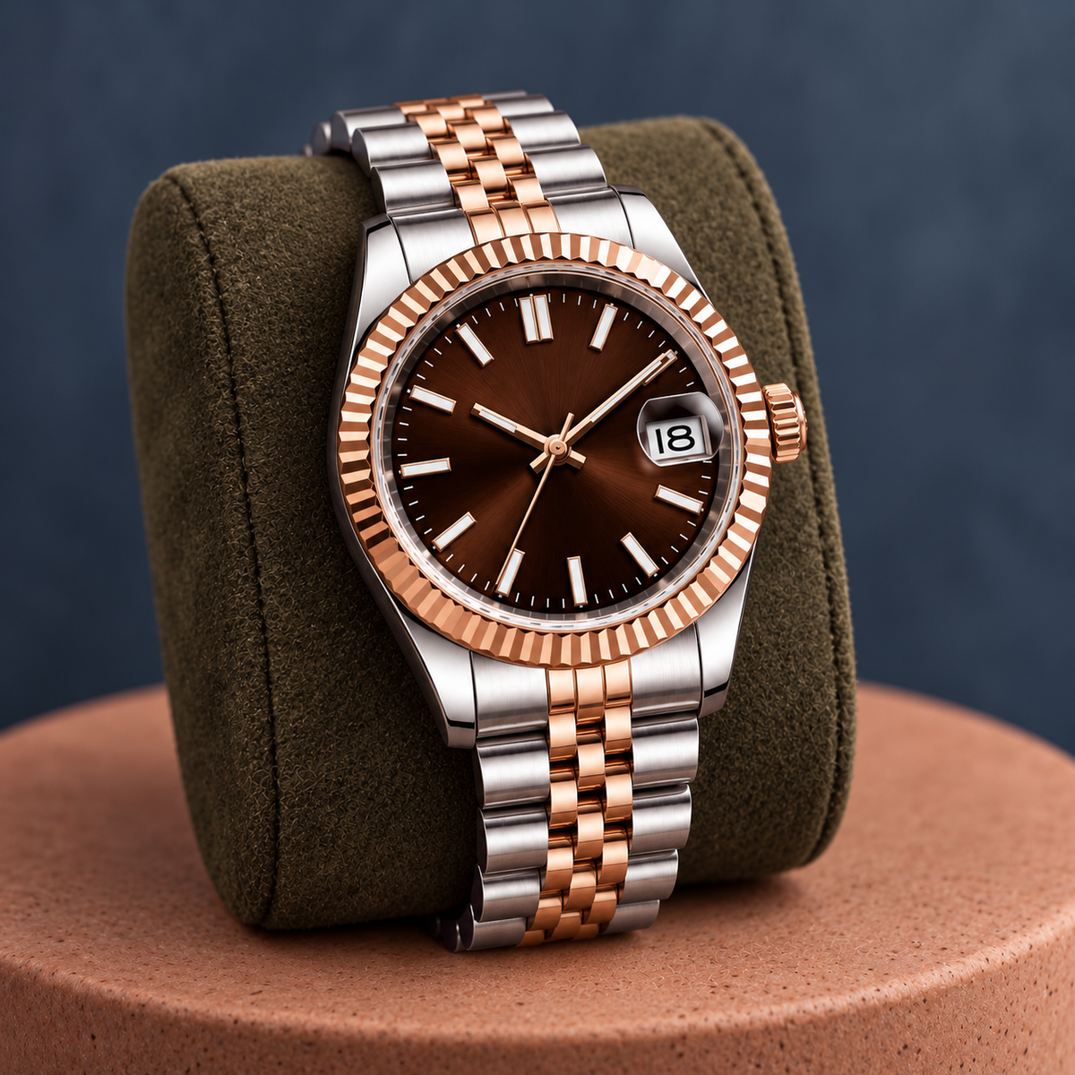 Two-Tone Rose Gold Chocolate watch on olive suede and terracotta ceramic