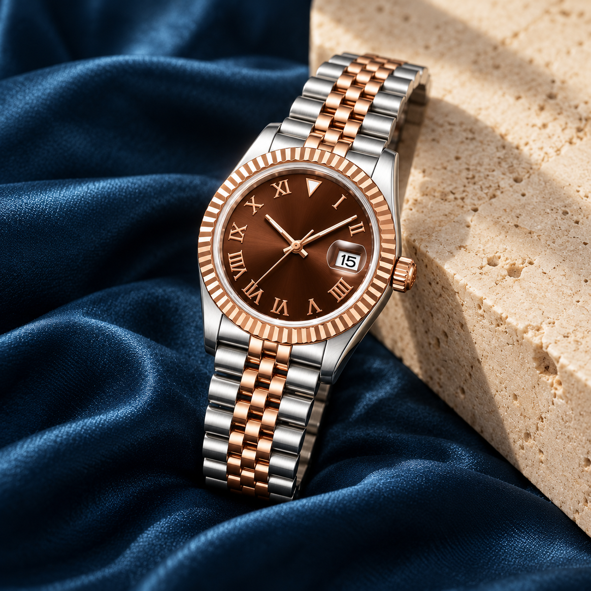 Two-Tone Rose Gold Chocolate Roman watch on petrol silk and limestone