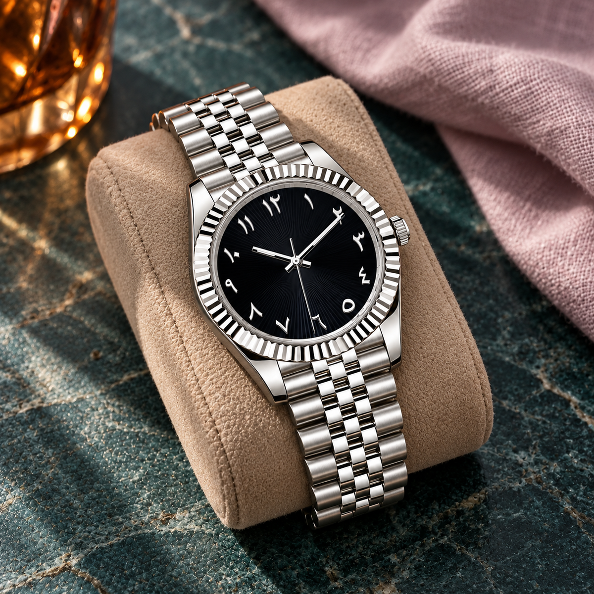 Arabic Heritage Midnight Sunray watch on sand suede over teal stone