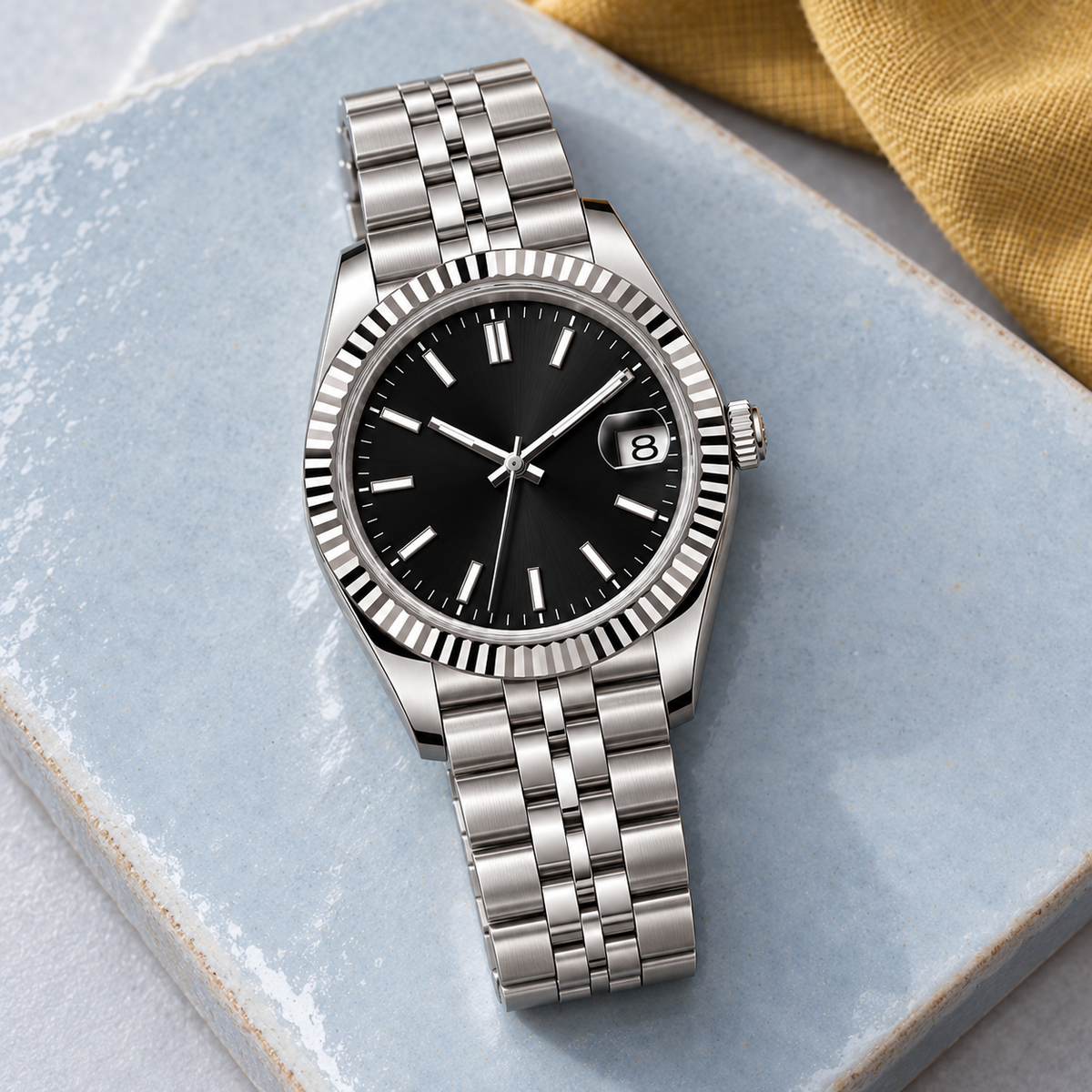 Crownline Date Black Classic with Five-Link bracelet on icy-blue ceramic