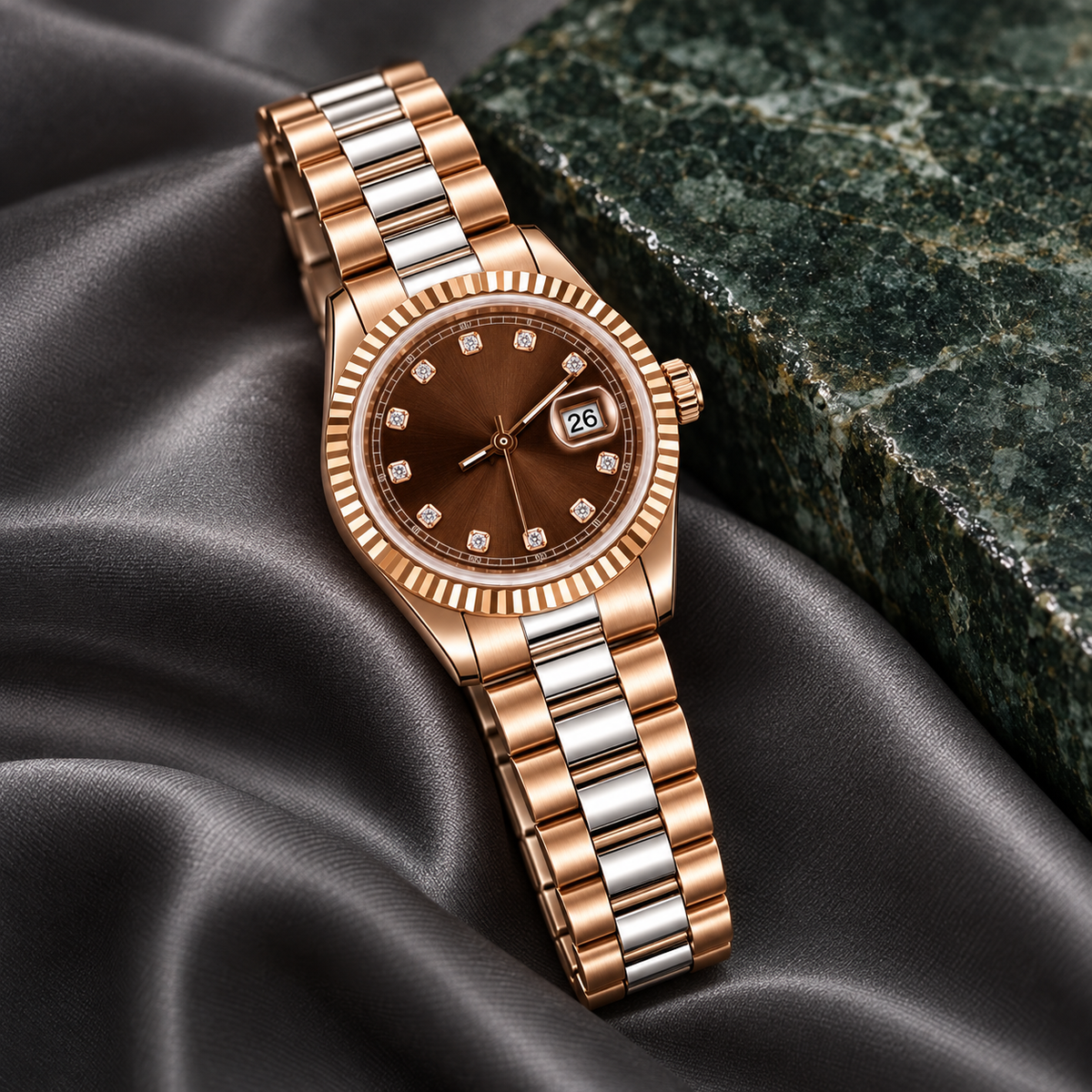 Two-Tone Cocoa Crystal watch on graphite silk and moss stone