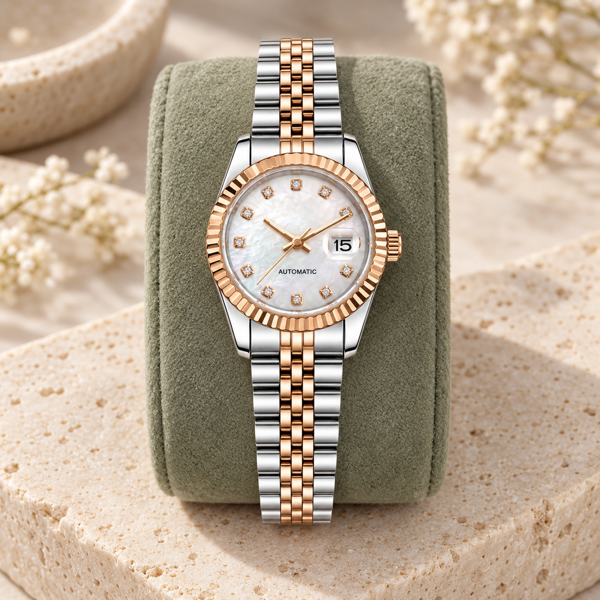 Lady Crownline Two-Tone Rose Gold Mother of Pearl Crystal on sage suede cushion
