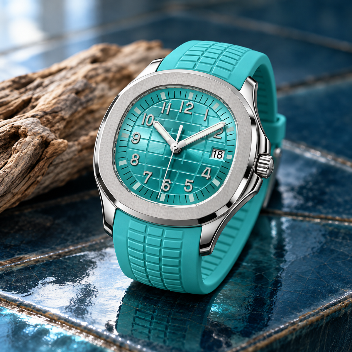 Nautiko Bright Blue turquoise rubber-strap watch resting on petrol-blue glazed tile beside driftwood