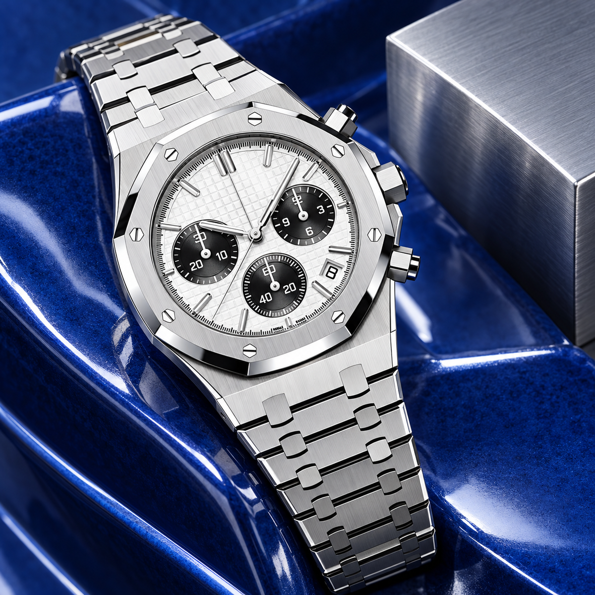 Royal Sportline Monochrome chronograph on cobalt ceramic beside brushed metal