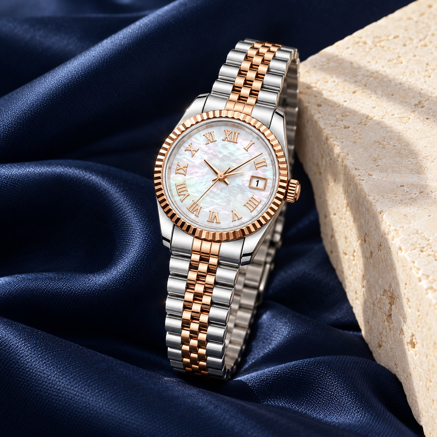 Lady Crownline Rose Gold Mother of Pearl Roman watch on navy silk and limestone