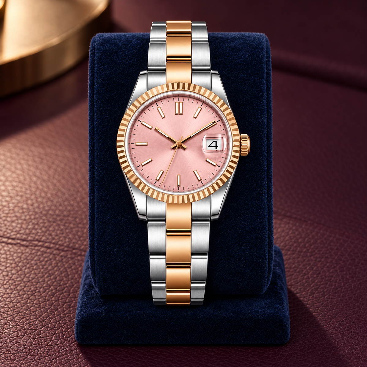 Lady Crownline Two-Tone Rose Pink watch displayed upright on navy velvet against plum leather