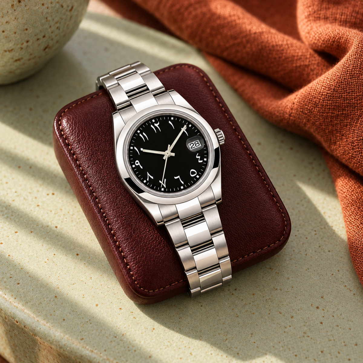 Arabic Heritage Stealth Black watch on burgundy leather beside sage ceramic