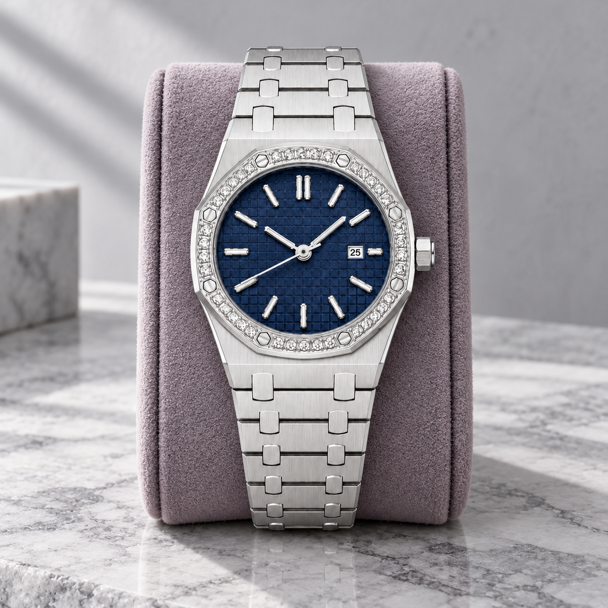 Royal Lady Midnight Blue Iced on lavender suede with octagonal crystal bezel