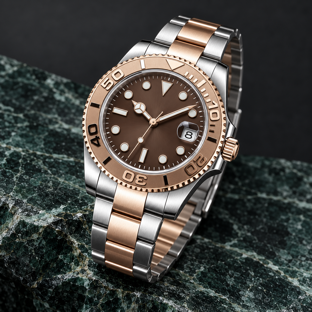 Yachtline Rose Gold side angle on teal veined stone