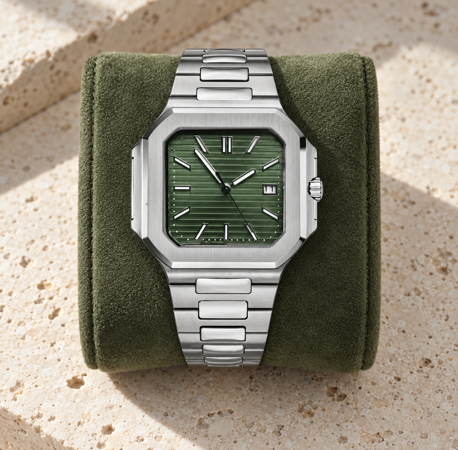 Nautiko Geometric Oasis with green dial on moss suede over limestone