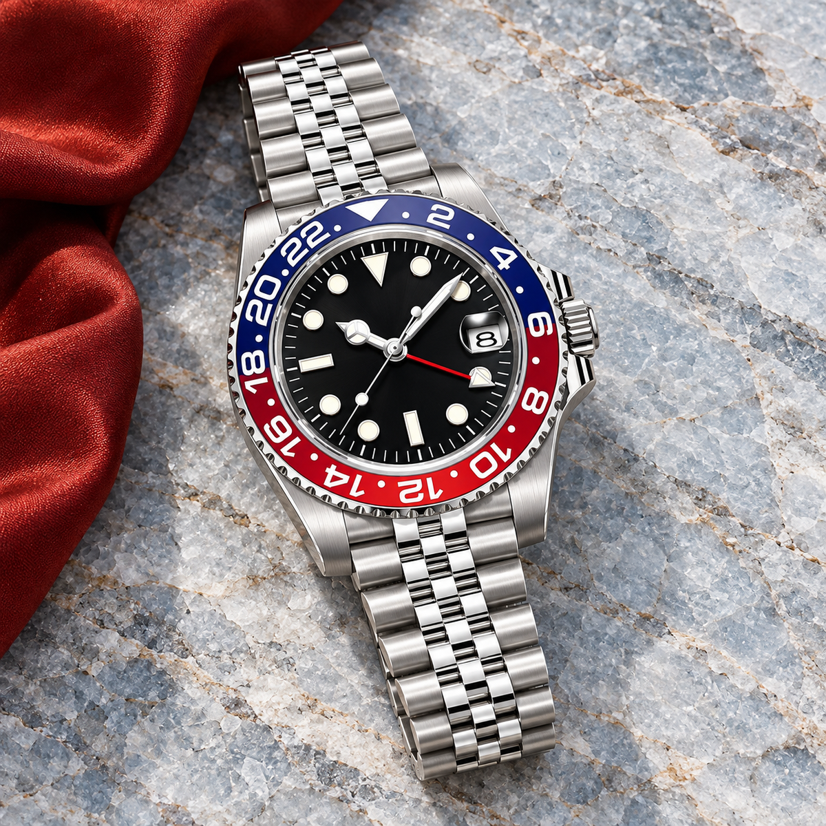 GMT Navigator Blue & Red crown-side detail on mustard suede watch roll over slate, Jubilee bracelet