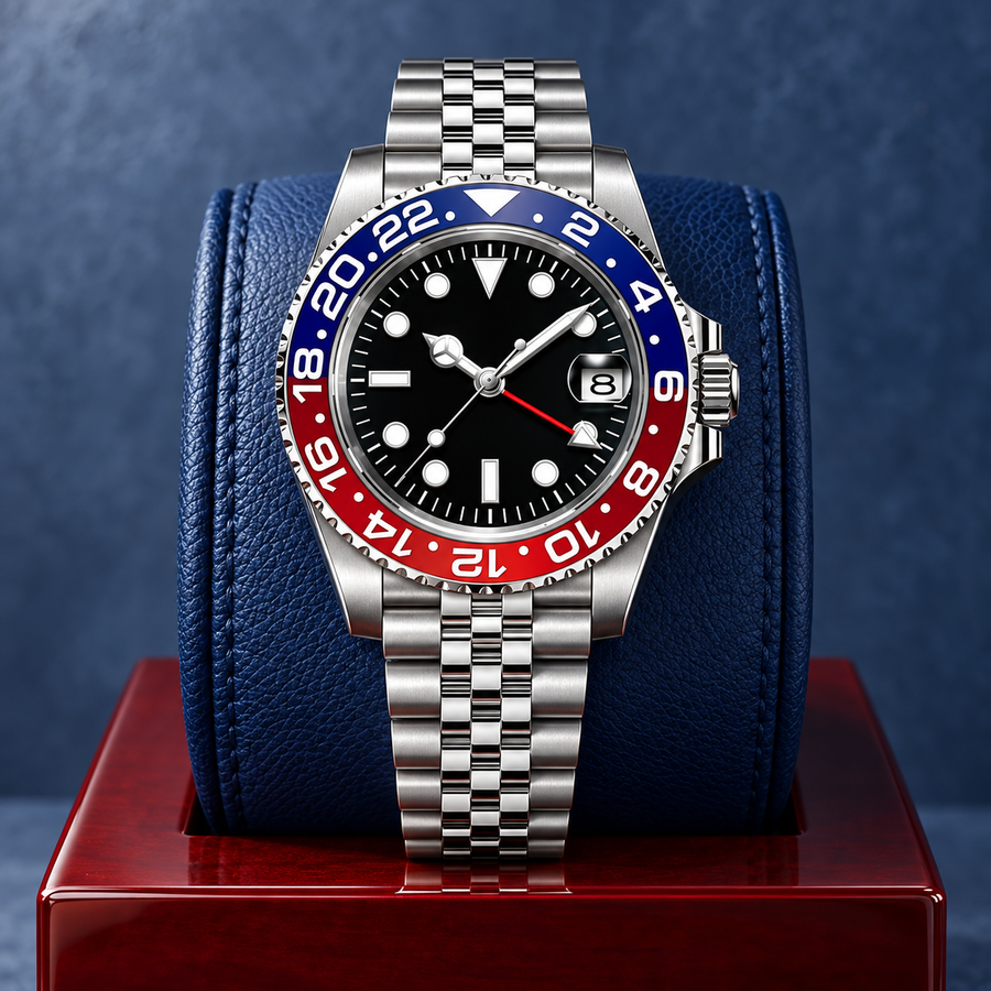 GMT Navigator Blue & Red on Jubilee bracelet, upright on cobalt leather watch cushion over red lacquer