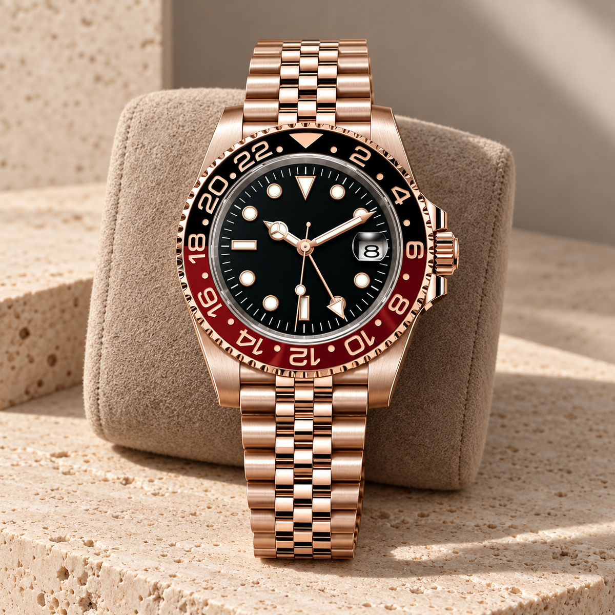 GMT Navigator Imperial Rose Gold with Jubilee bracelet on taupe suede over travertine