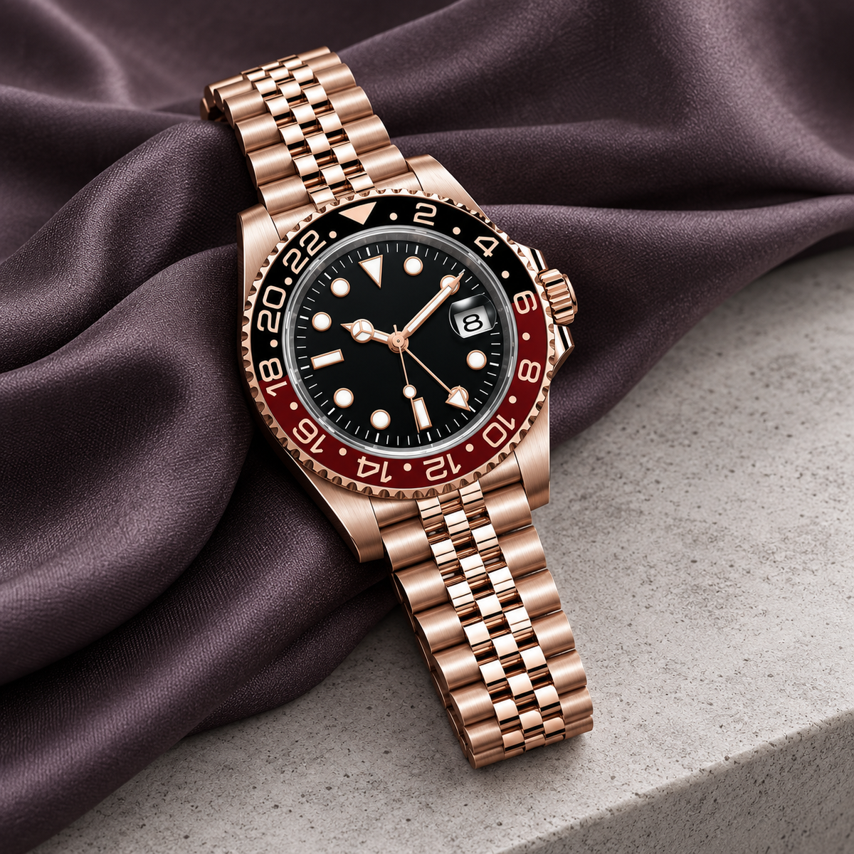 GMT Navigator Imperial Rose Gold Jubilee bracelet laid on plum gray silk over microcement