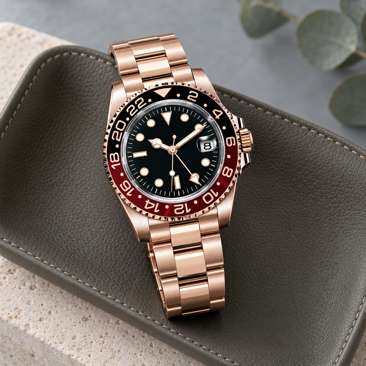 GMT Navigator Imperial Rose Gold with Three-Link bracelet on moss gray leather over limestone