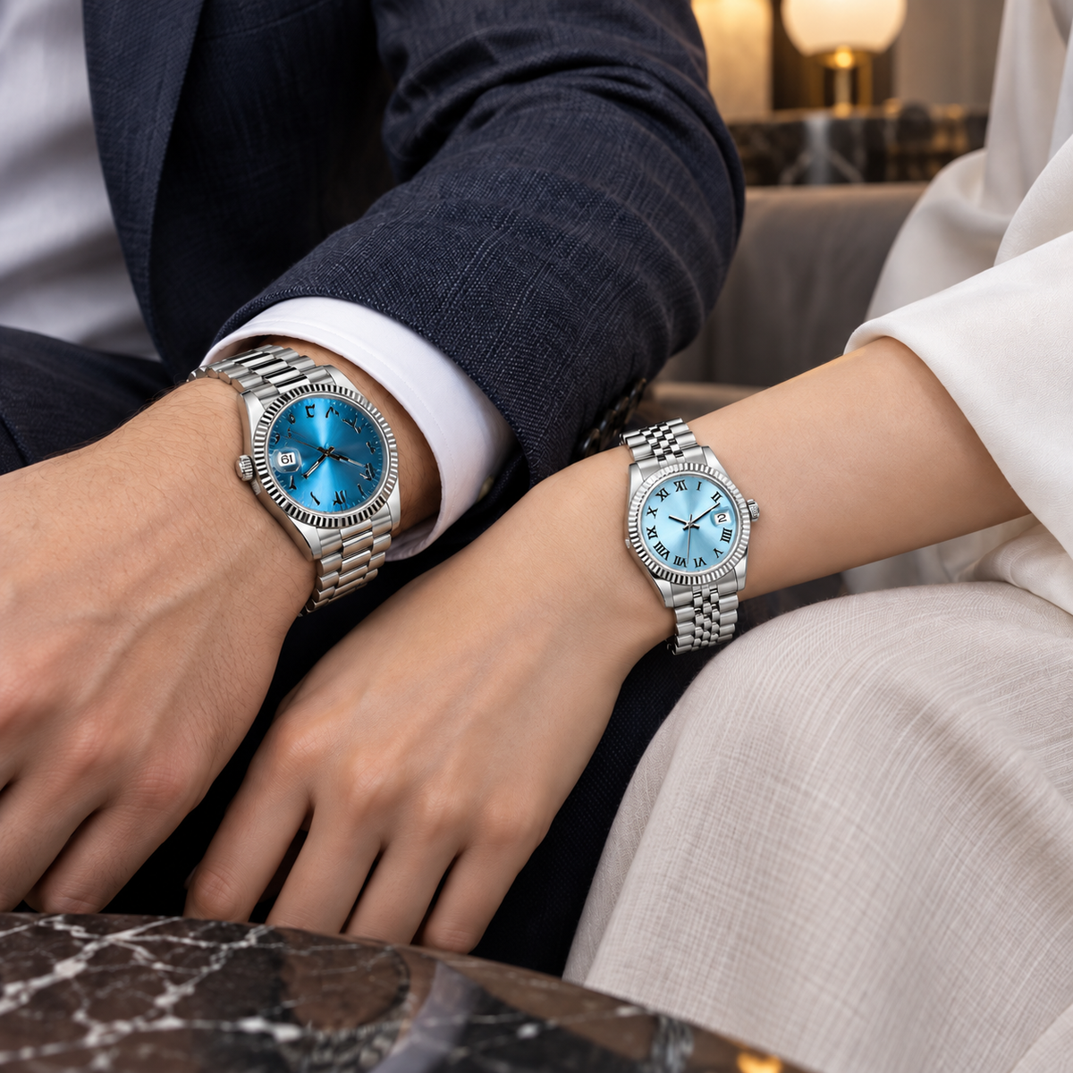 Ice Blue couple watches worn naturally with the men's face turned correctly