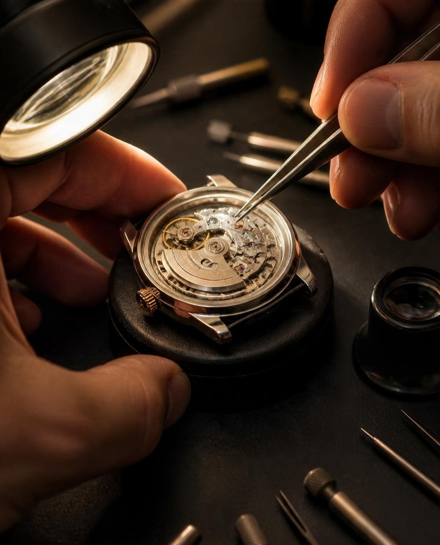 Watchmaker checking an automatic movement before shipping