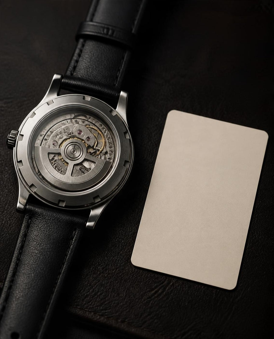 Watch case back with the movement next to the warranty card