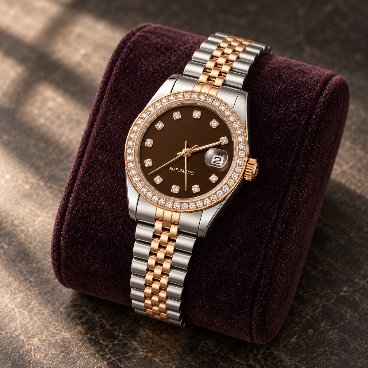 Lady Crownline Chocolate Rosé on a plum velvet display cushion