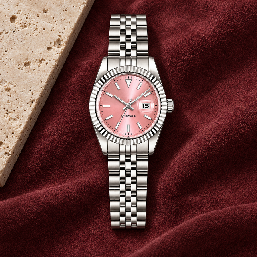Lady Crownline Pink Dial watch with date 15 on burgundy suede and limestone