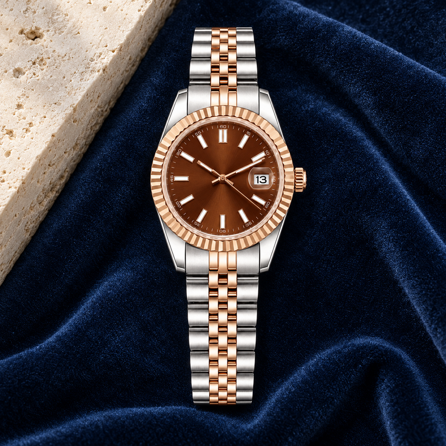Rose Chocolate Baton watch with date 13 on navy velvet and limestone