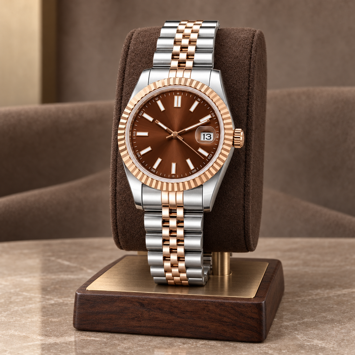 Rose Chocolate Baton watch on a walnut and brass display stand