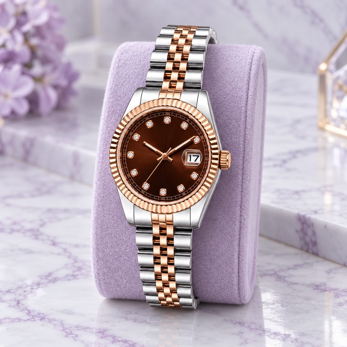 Rose Chocolate Crystal watch displayed on lilac velvet and pale marble