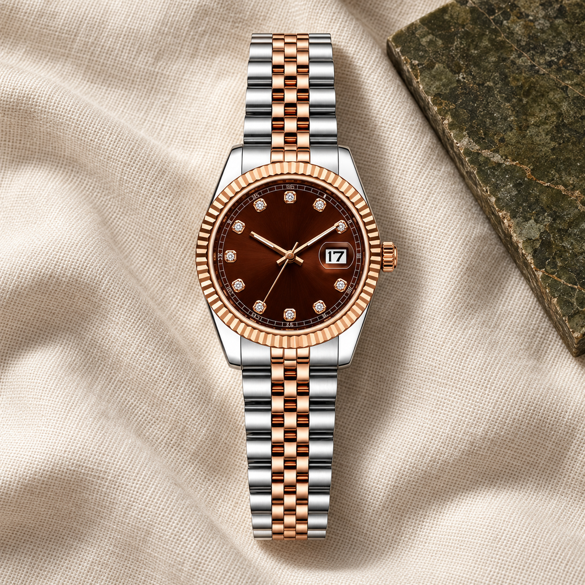 Rose Chocolate Crystal watch with date 17 on ecru linen and olive stone