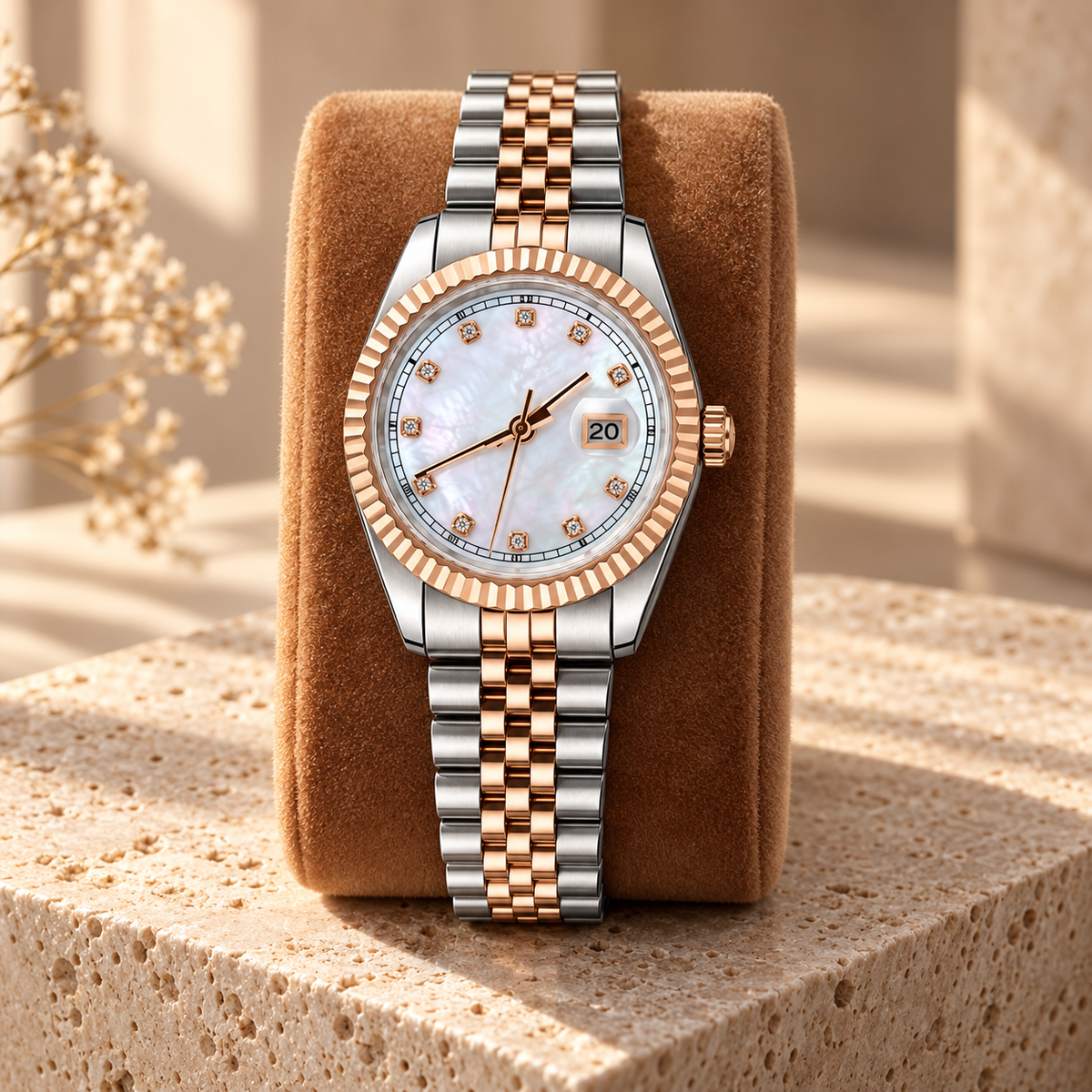 Rose Gold Mother-of-Pearl Crystal watch displayed on amber velvet and travertine