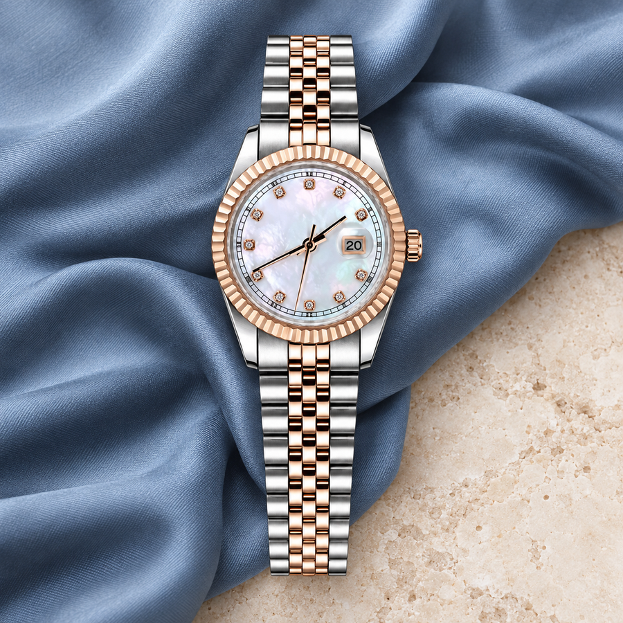 Rose Gold Mother-of-Pearl Crystal watch with date 20 on smoke-blue silk and limestone